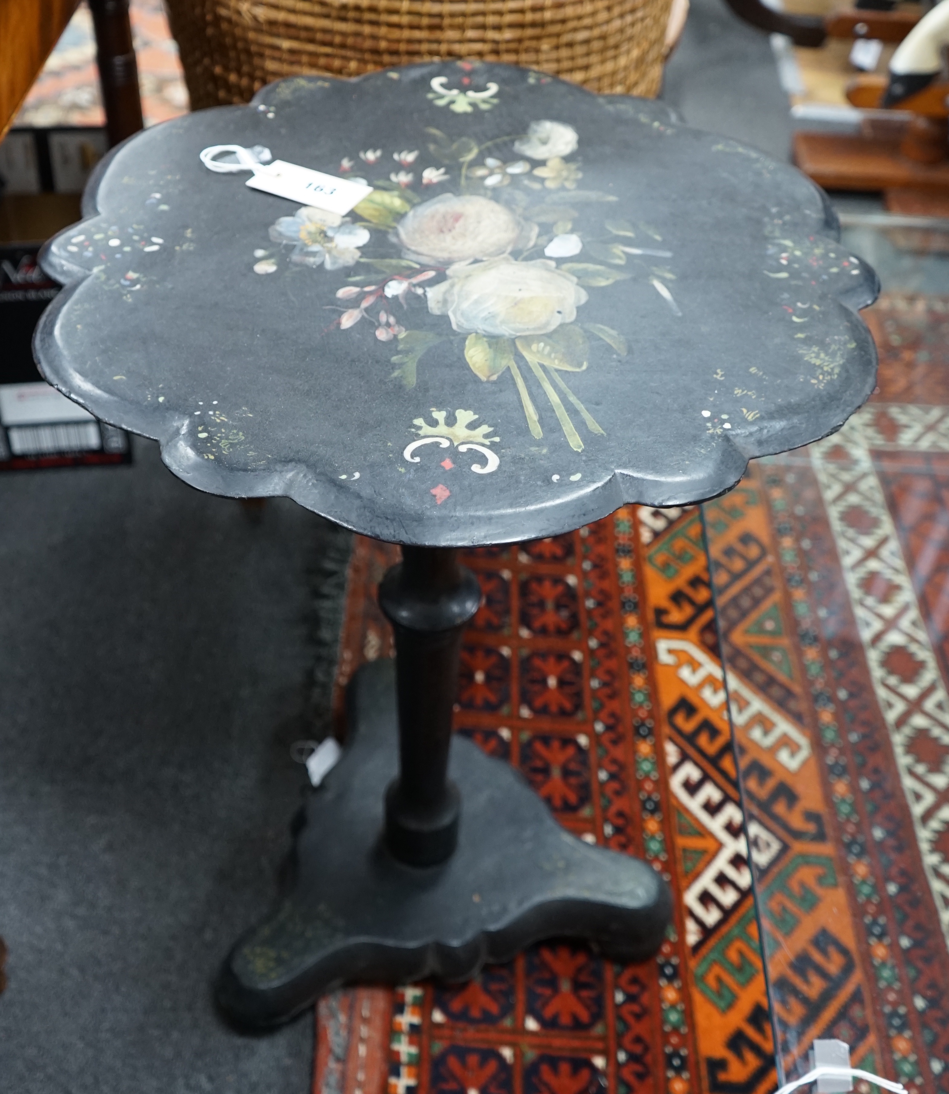 A Victorian painted mother of pearl inlaid papier mache tilt-top wine table, width 50cm depth 49cm height 66cm